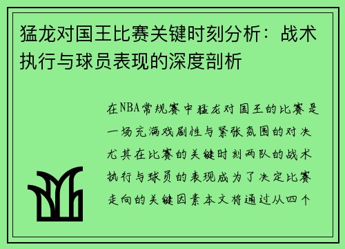猛龙对国王比赛关键时刻分析：战术执行与球员表现的深度剖析