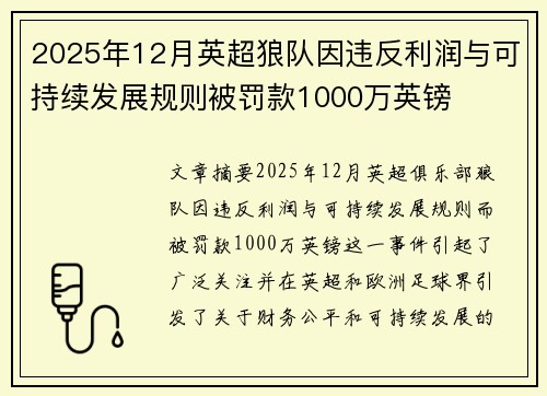 2025年12月英超狼队因违反利润与可持续发展规则被罚款1000万英镑